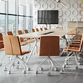 Modern Conference Room With Large Windows Long Meeting Table TV Screen And Pendant Lights