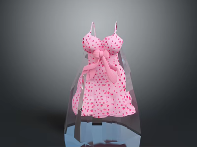 Cute Pink Polka Dot Spaghetti Strap Dress With Bow Detail For Women 3d model
