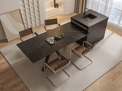 Modern Black Marble Dining Table Set With Four Brown Chairs And Black Cabinet With Sink 3d model
