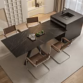 Modern Black Marble Dining Table Set With Four Brown Chairs And Black Cabinet With Sink
