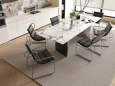 Modern Dining Table Set With Marble Top And Black Metal Frame Chairs 3d model