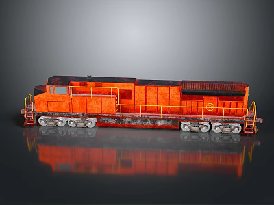 Orange Rusty Train Locomotive with Wheels and Reflection on Gray Background 3d model