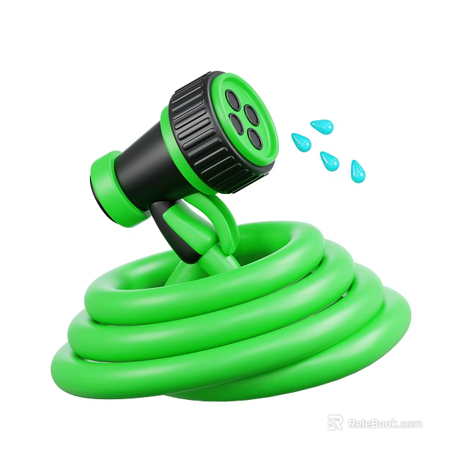 Green Coiled Garden Hose With Black Spray Nozzle And Water Drops For Agricultural Irrigation 3d model 