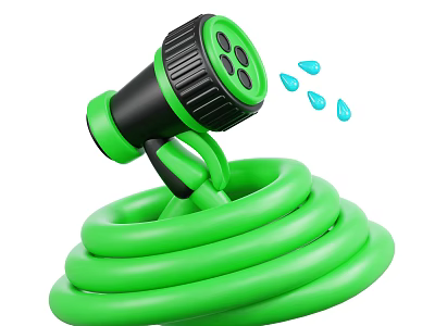 Green Coiled Garden Hose With Black Spray Nozzle And Water Drops For Agricultural Irrigation 3d model
