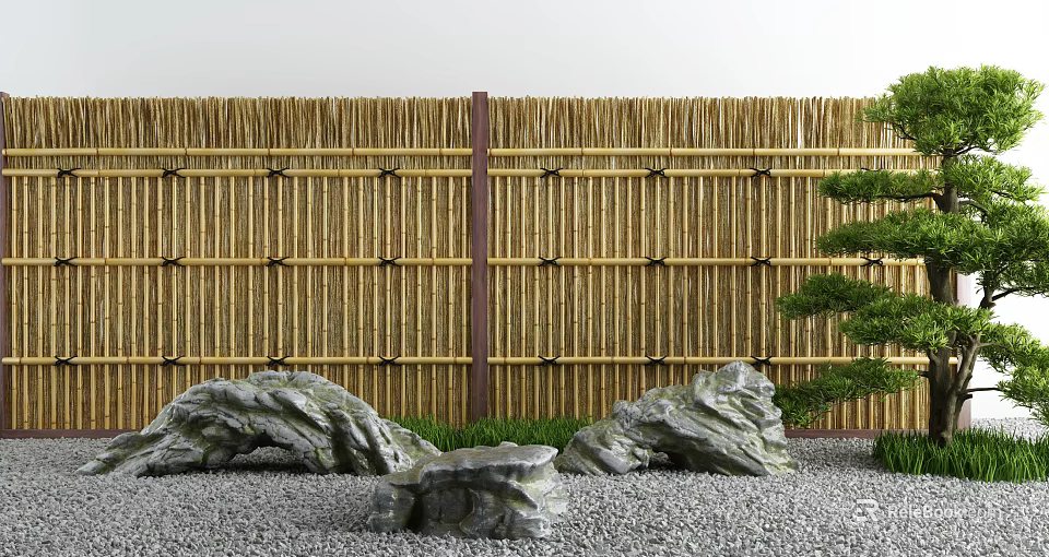 Bamboo Fence In Japanese Garden With Rocks And Pine Tree 3d model 