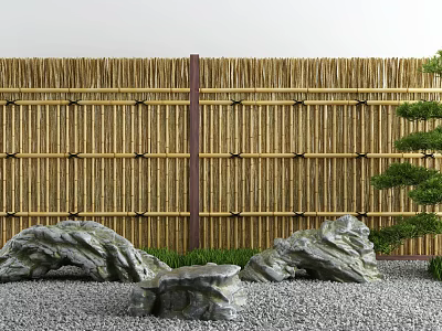 Bamboo Fence In Japanese Garden With Rocks And Pine Tree 3d model