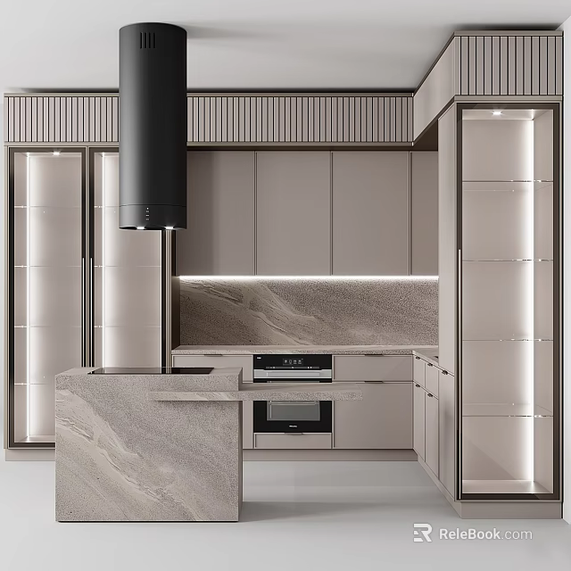 Modern Kitchen Interior Design With Marble Island Range Hood And Cabinets 3d model 