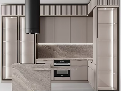 Modern Kitchen Interior Design With Marble Island Range Hood And Cabinets 3d model