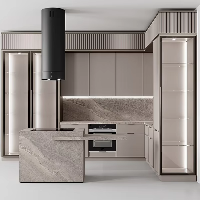 Modern Kitchen Interior Design With Marble Island Range Hood And Cabinets 3d model