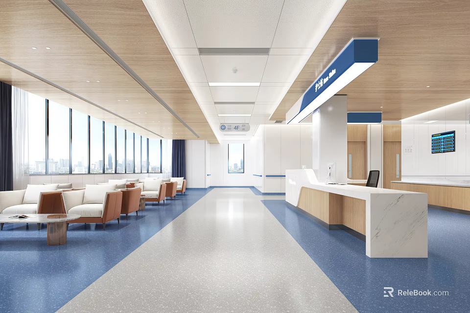 Modern Hospital Outpatient Clinic Lobby Interior With Reception And Waiting Area 3d model 