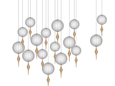 Modern Elegant White Spherical Chandeliers with Golden Pendants Suspended by Thin Strings 3d model