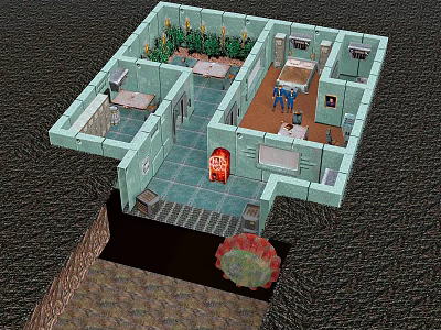 Cartoon Scene 3D Interior With Green Rooms Furniture Plants Red Door And Decorative Elements 3d model