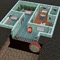 Cartoon Scene 3D Interior With Green Rooms Furniture Plants Red Door And Decorative Elements