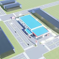 Modern Industrial Factory Building With Glass Facade Red White Exterior And Parking Area