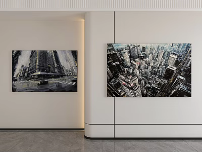Modern Interior With Cityscape Paintings On White Wall And Contemporary Design 3d model