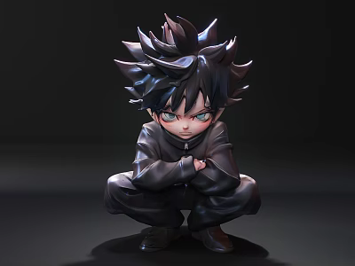 Decorative Ornament Set Featuring Anime Style Spiky Black Hair Crouching Pose And Black Outfit 3d model