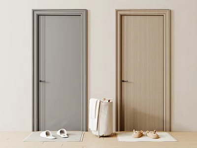 Minimalist Home Interior With Grey And Light Wood Hinged Doors And Door Mats 3d model