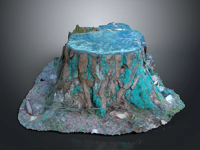 Rustic Wooden Tree Stump With Turquoise Stone Surface And Surrounding Pebbles 3d model