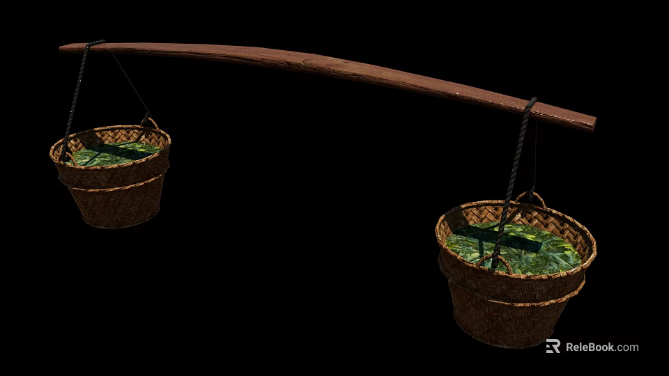 Traditional Wicker Baskets Hanging On Wooden Pole With Green Leaves For Daily Use 3d model 
