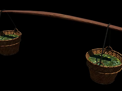 Traditional Wicker Baskets Hanging On Wooden Pole With Green Leaves For Daily Use 3d model