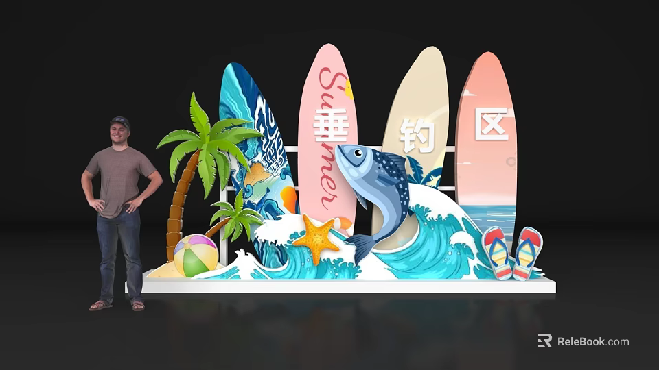 Colorful Tropical Photo Check-in Spot With Surfboards Palm Trees Starfish Beach Balls And Waves 3d model 