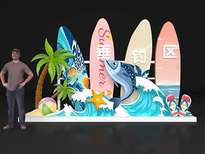 Colorful Tropical Photo Check-in Spot With Surfboards Palm Trees Starfish Beach Balls And Waves 3d model
