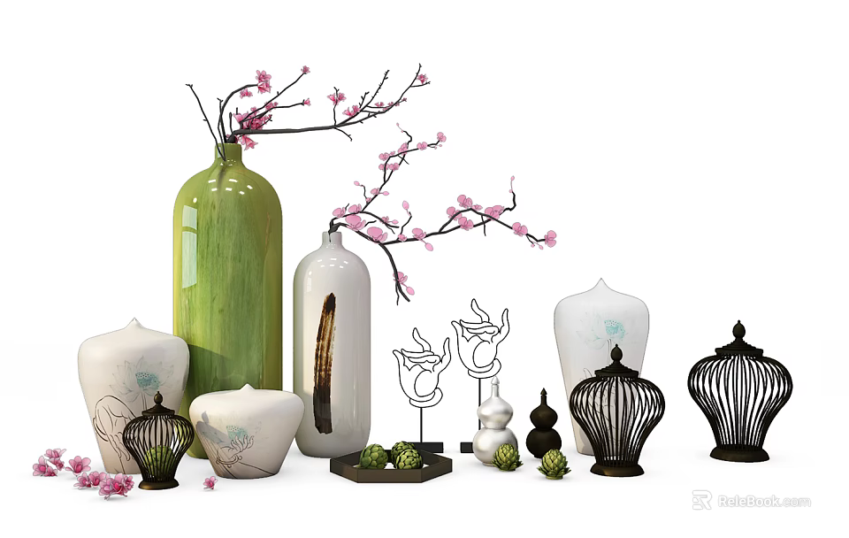 Green And White Various Shapes Ceramic Vases With Pink Blossom Branches And Decorative Ornaments 3d model 