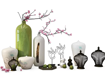 Green And White Various Shapes Ceramic Vases With Pink Blossom Branches And Decorative Ornaments 3d model