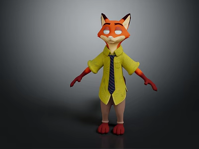 3D Fox Character Wearing Yellow Shirt And Blue Tie Standing With Open Arms 3d model
