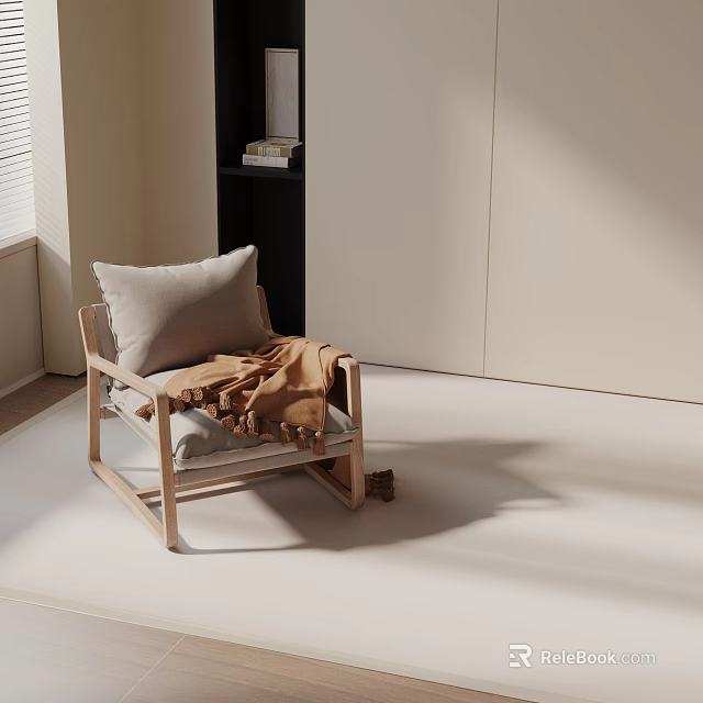 Accent Chair With Wooden Frame Light Gray Pillow And Brown Blanket In Minimalist Indoor Space 3d model 