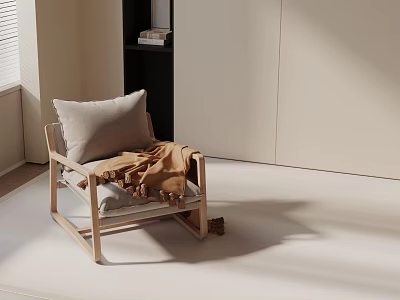 Accent Chair With Wooden Frame Light Gray Pillow And Brown Blanket In Minimalist Indoor Space 3d model