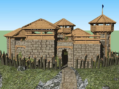 Ancient Fortress Structure With Stone Walls Wooden Roof Watchtower Palisade And Grassland 3d model
