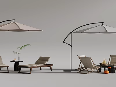 Patio Umbrella With Outdoor Lounge Chairs Side Table And Plant Decor 3d model