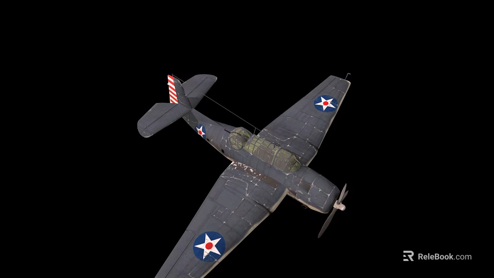 Vintage Gray Fighter Plane with Blue Star Insignia Red White Striped Tail and Worn Details 3d model 
