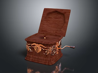 Wooden Music Box Decorative Ornament Set With Open Lid And Gold Leaf Carvings Crank Handle 3d model