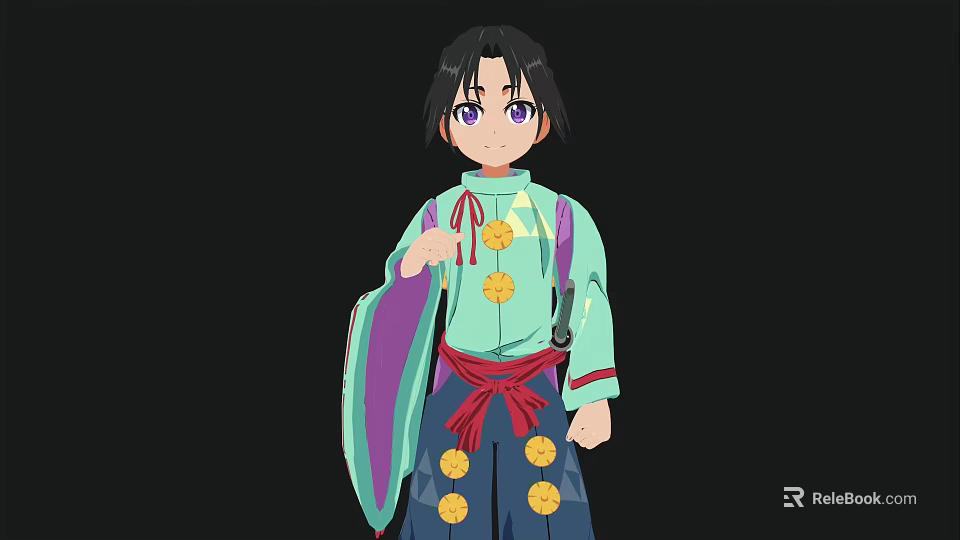 A Man In Traditional Outfit With Light Green Top Red Belt And Yellow Flower Decorations 3d model 