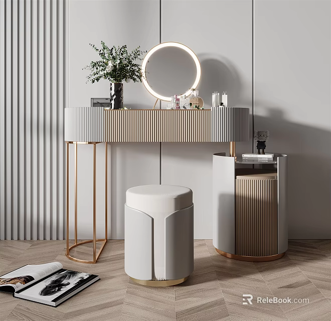 Modern Dressing Table with Round Lighted Mirror Golden Frame Upholstered Stool and Side Cabinet 3d model 