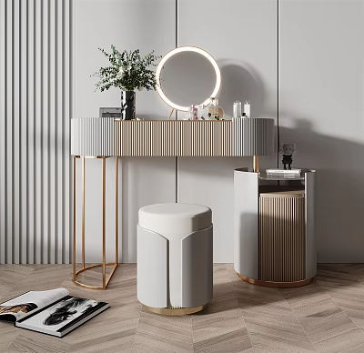 Modern Dressing Table with Round Lighted Mirror Golden Frame Upholstered Stool and Side Cabinet 3d model