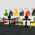 Stylish Dining Table Set With Colorful Chairs And Decorative Wall Art 3d model