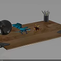 Wooden Desk Furniture With Table Lamp Dragon Figurines Pen Holder And Mobile Phone