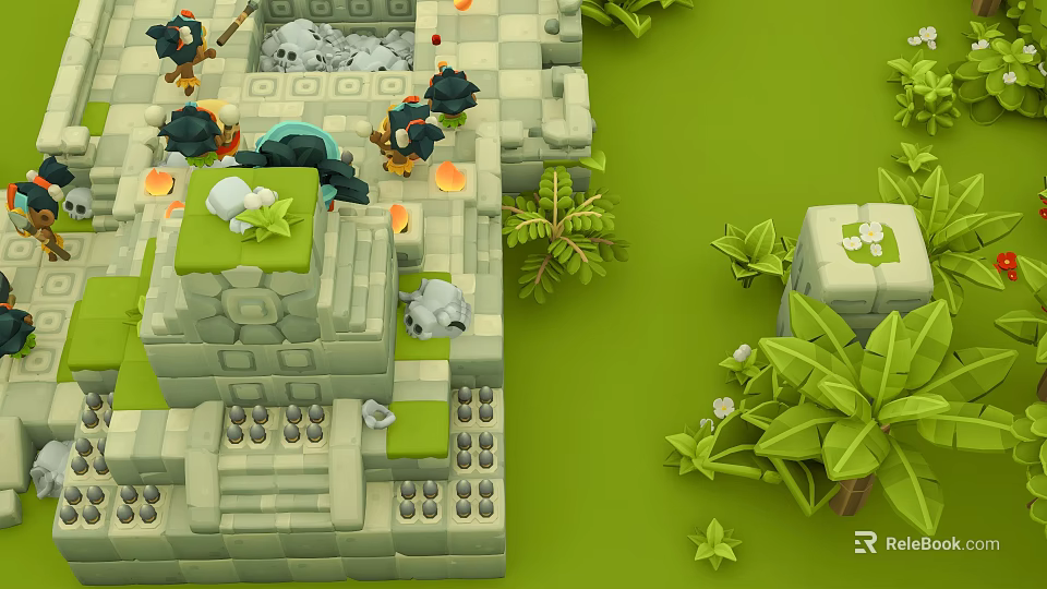 Cartoon Adventure Scene With Stone Ruins Green Grass Tropical Plants Torches And Black Characters 3d model 