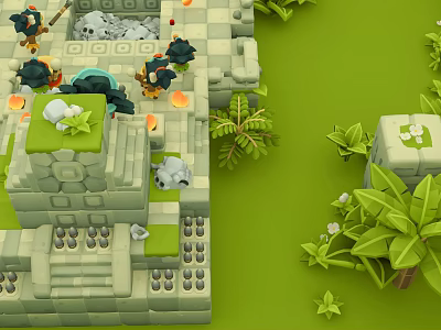 Cartoon Adventure Scene With Stone Ruins Green Grass Tropical Plants Torches And Black Characters 3d model