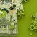 Cartoon Adventure Scene With Stone Ruins Green Grass Tropical Plants Torches And Black Characters