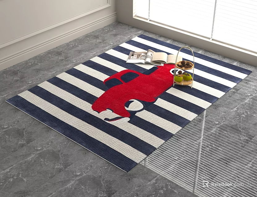 Square Carpet With Blue And White Stripes And Red Car Pattern Design 3d model 