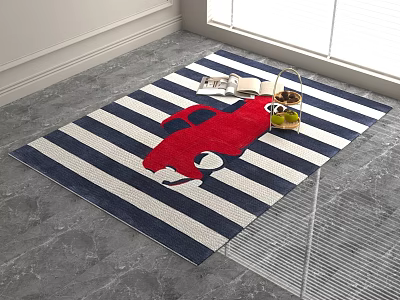 Square Carpet With Blue And White Stripes And Red Car Pattern Design 3d model