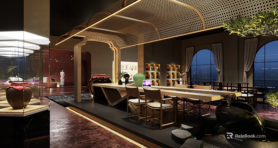 Elegant Tobacco And Liquor Store Interior With Long Table Chairs And Displays 3d model 