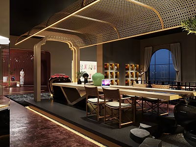 Elegant Tobacco And Liquor Store Interior With Long Table Chairs And Displays 3d model