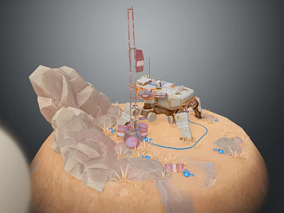Martian Like Surface Rocky Terrain Exploration Rover With Flag Cables And Small Stones 3d model