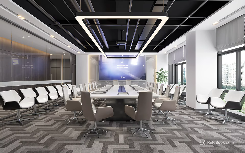Modern Conference Room Interior Design With Long Table Chairs Large Screen And Carpet 3d model 