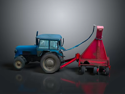 Blue Farm Tractor Pulling Red Agricultural Implement For Field Work 3d model